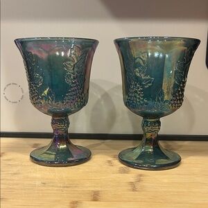 Vgt Carnival glass goblets. Harvest grape blue iridescent. Set of 2.